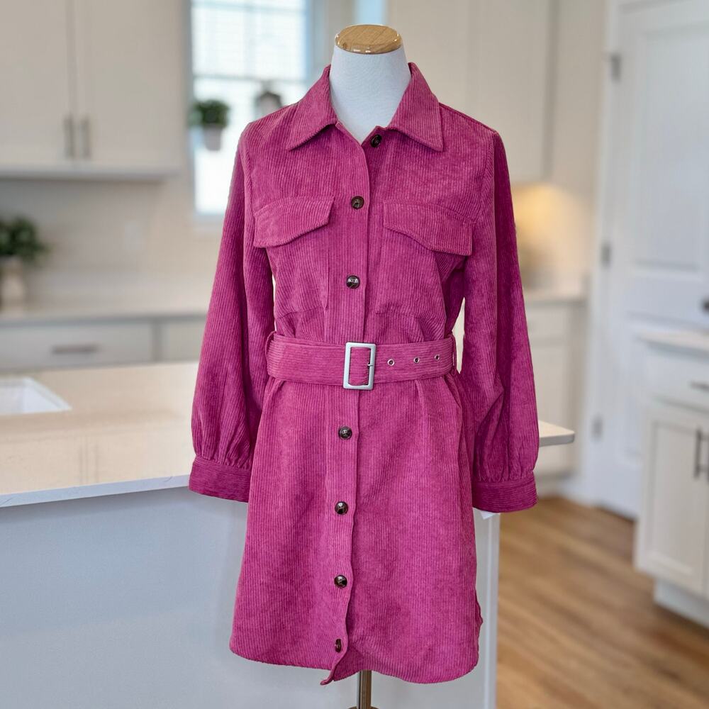 Vici | Pink Corduroy Button Down Shirt Dress w/ Belt